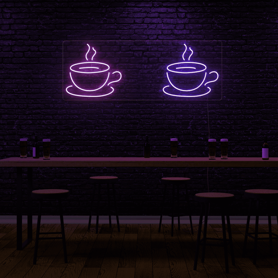 Cafe Coffee LED neon sign with two cup in pink and purple colors - made by Neonmarvels.com