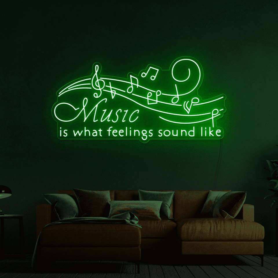 Music is what feelings sound like LED neon sign in deep green color by Neon Marvels