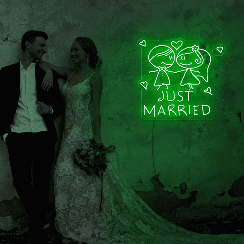 Just Married LED neon sign in deep green color designed by Neonmarvels