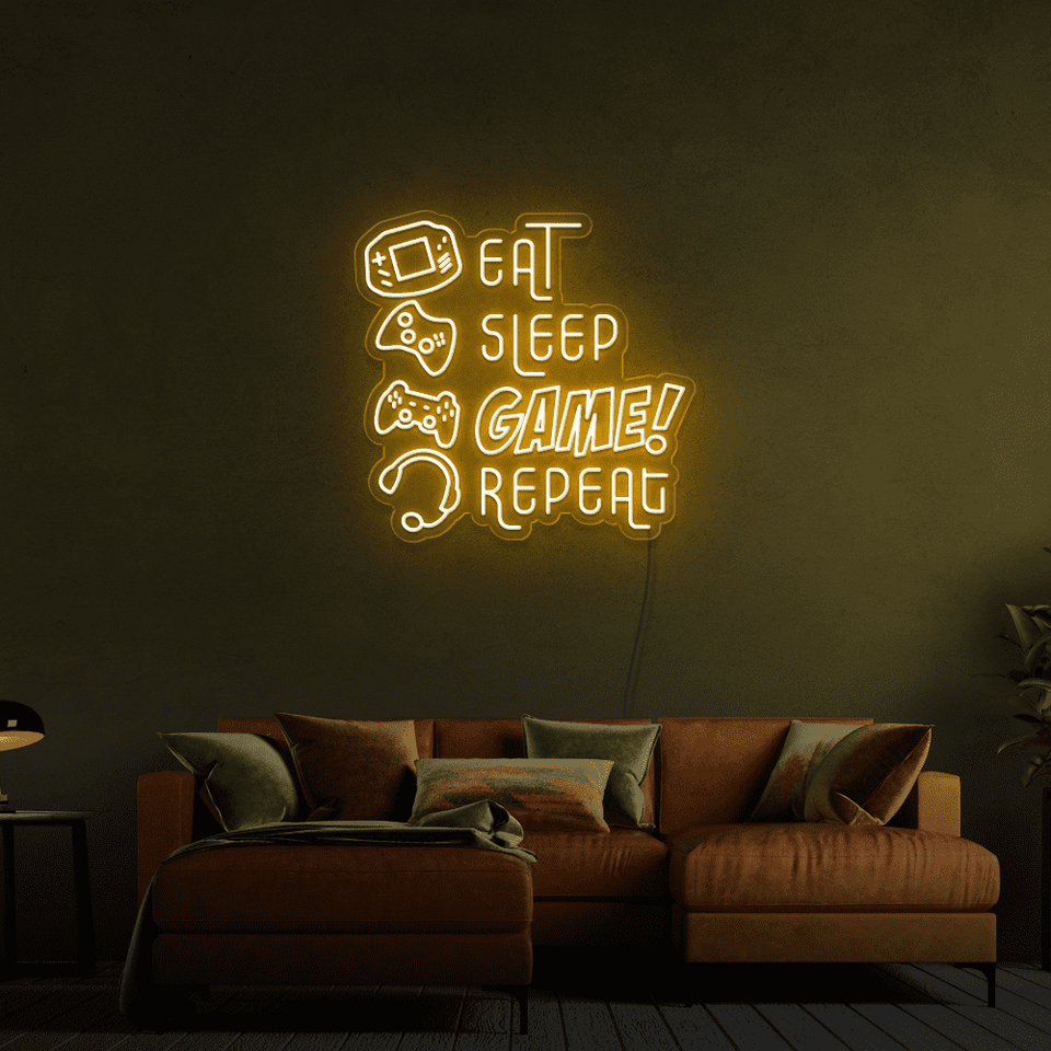 EAT SLEEP GAME REPEAT GOLDEN YELLOW COLOR LED NEON SIGN