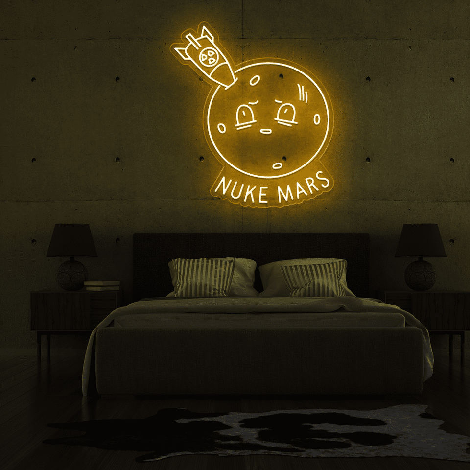 Nuke Mars caption as LED Neon Sign in golden yellow Color - made by neonmarvels.com