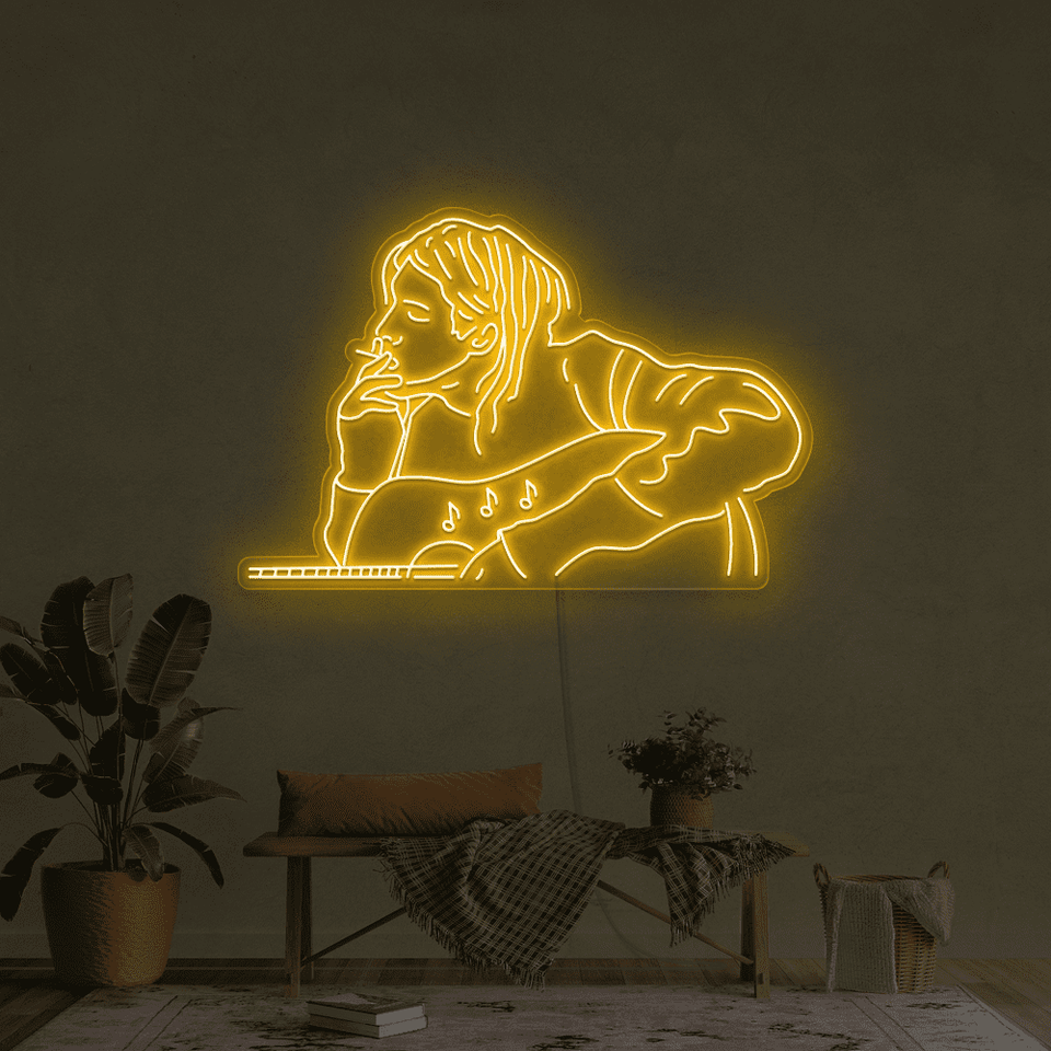 Guitar Player LED Neon Sign in Golden Yellow Color - made by neonmarvels.com