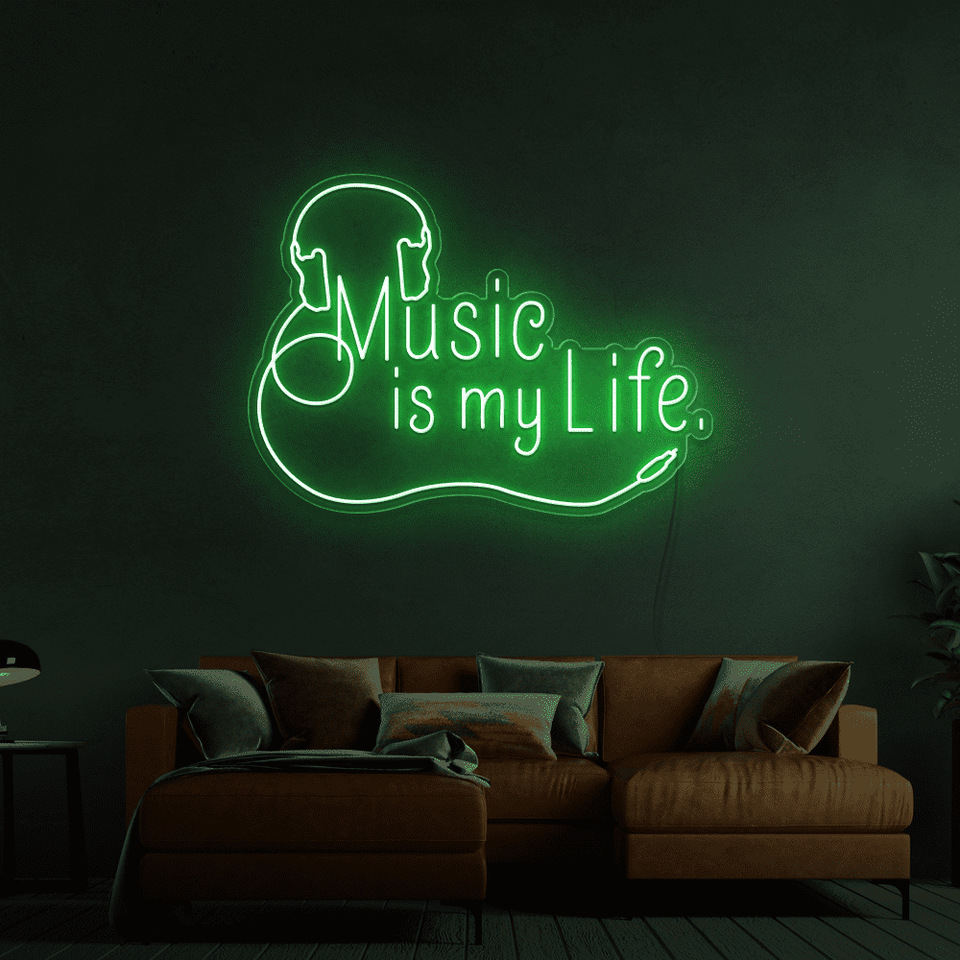 Music is my life green color LED neon sign made by Neon Marvels