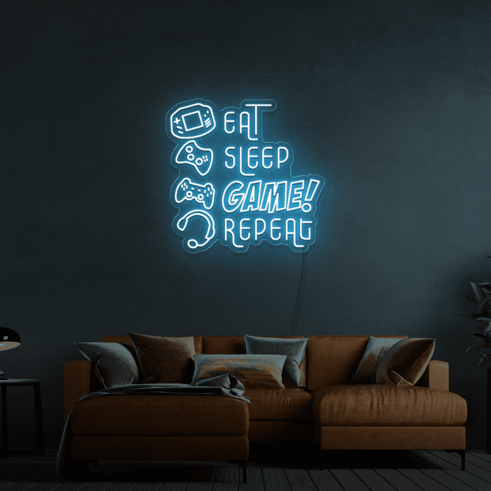 EAT SLEEP GAME REPEAT ICE BLUE COLOR LED NEON SIGN