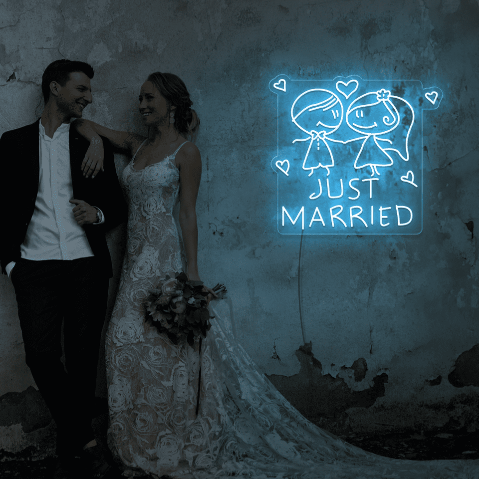 Just Married LED neon sign in ice blue color designed by Neonmarvels