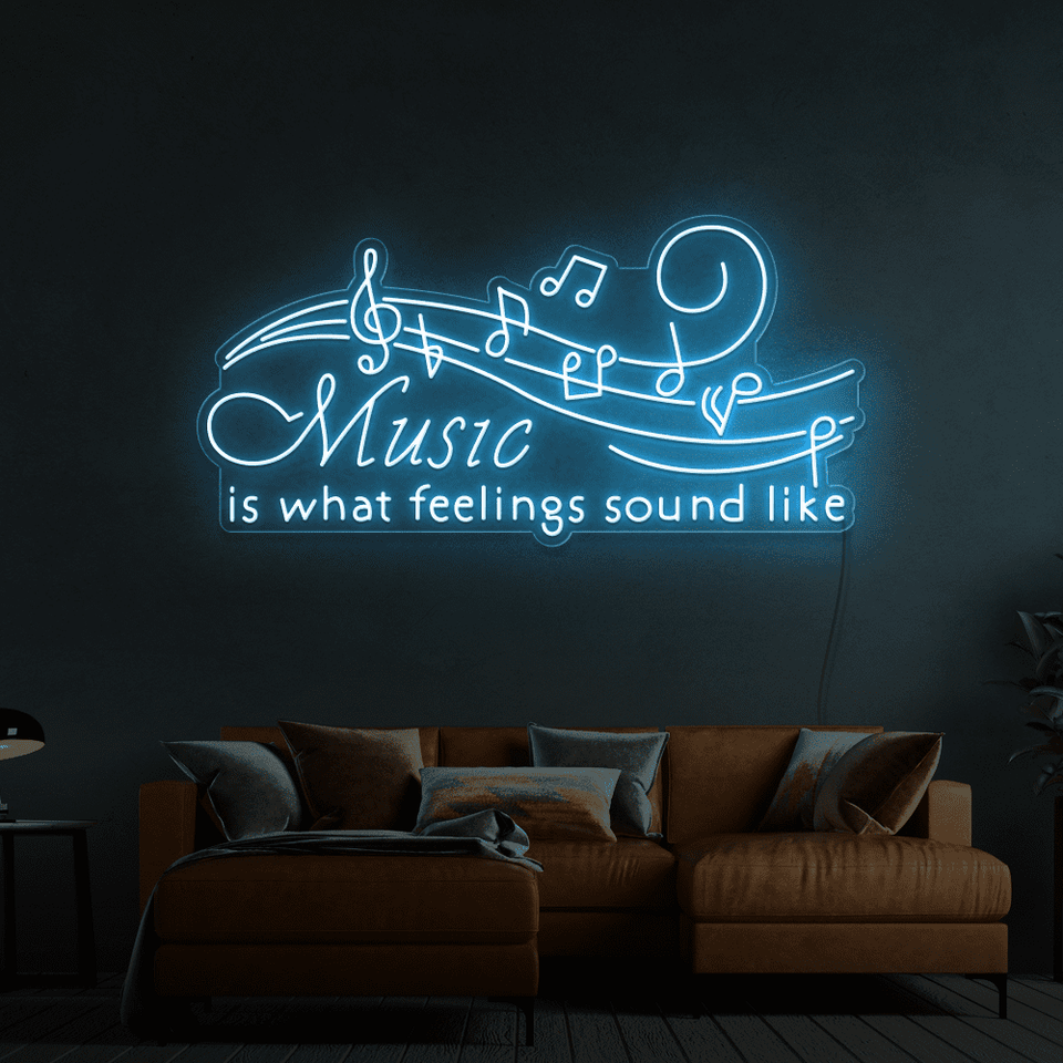 Music is what feelings sound like LED neon sign in ice blue color by Neon Marvels