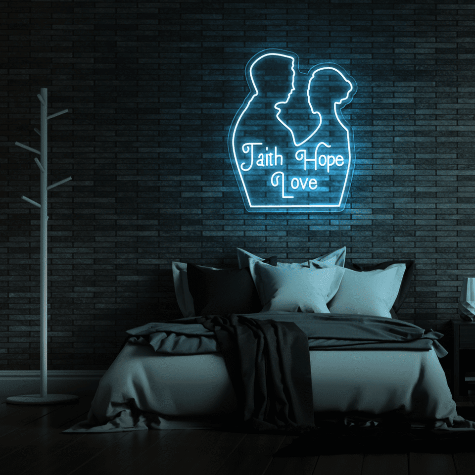 Love Faith Hope LED Neon Sign in Ice Blue Color by Neonmarvels.com