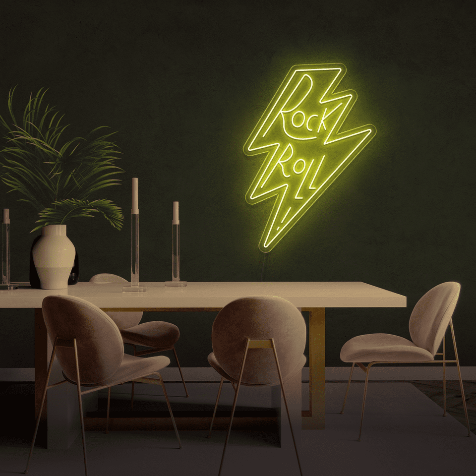Rock and Roll LED neon sign in lemon yellow color by Neonmarvels