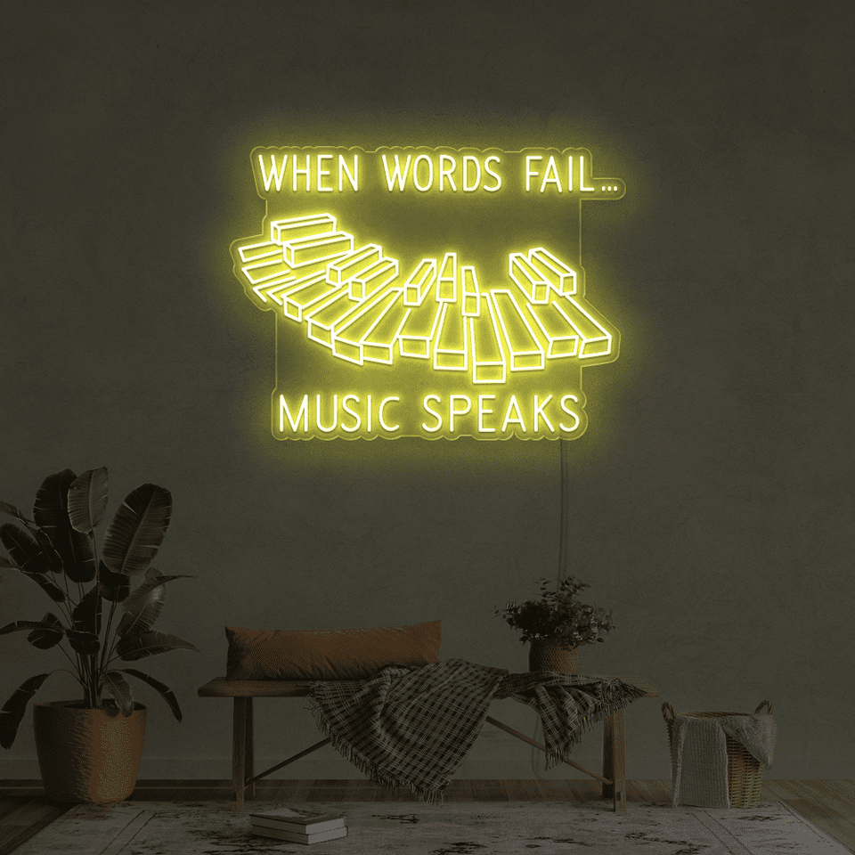 When words fail,music speaks in lemon yellow color LED neon sign designed by neonmarvels.com
