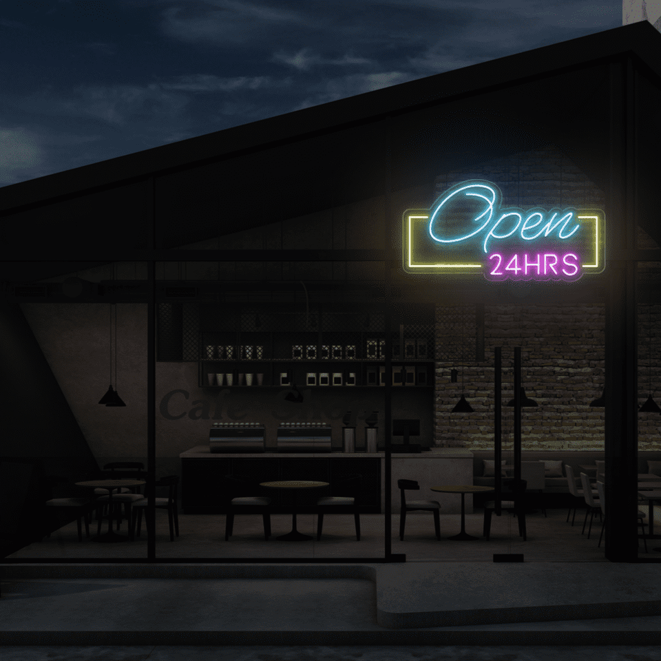 Open 24 hours LED Neon sign in blue,yellow and pink colors - by Neonmarvels.com