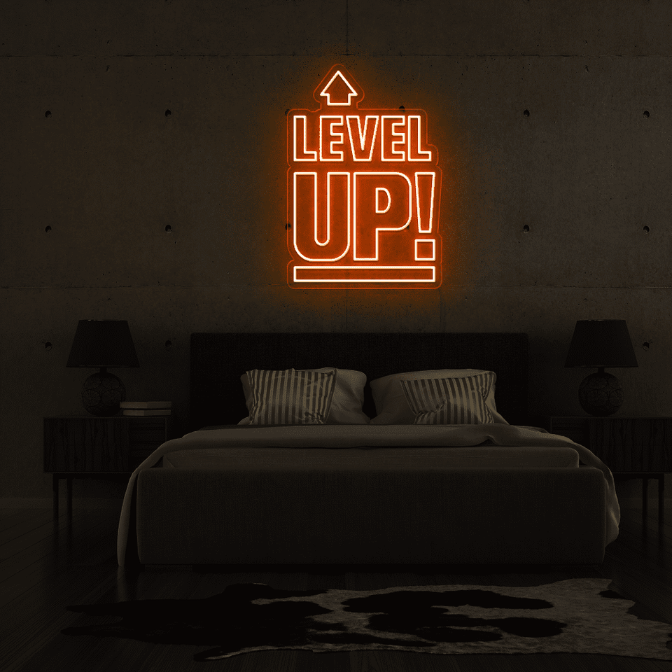 LEVEL UP orange color LED Neon sign designed by Neon Marvels