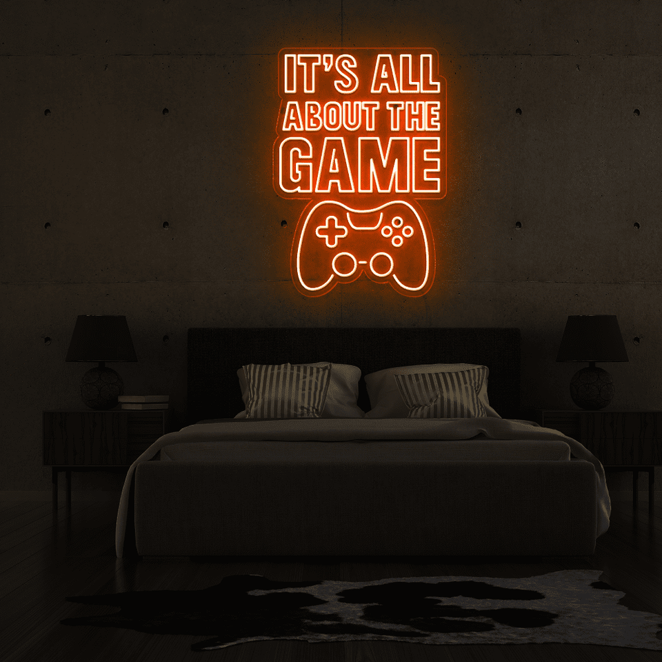 It's all about the game LED signage in orange color designed by Neonmarvels.com