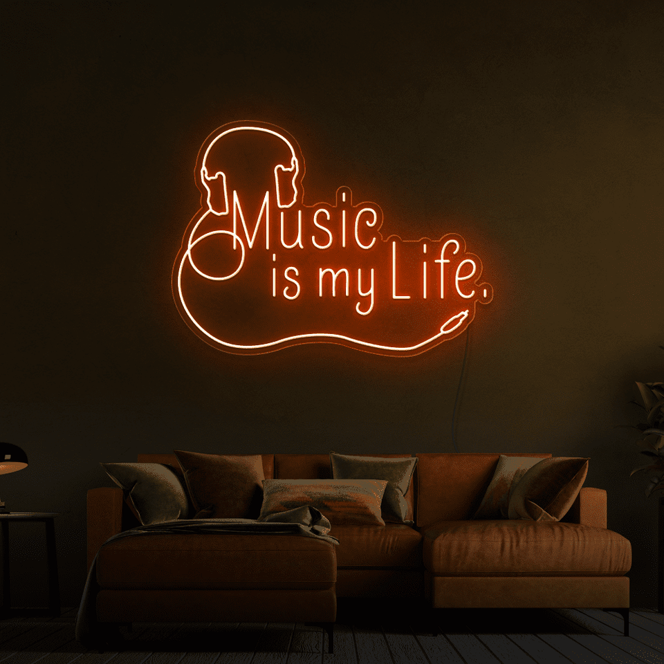 Music is my life orange color LED neon sign made by Neon Marvels