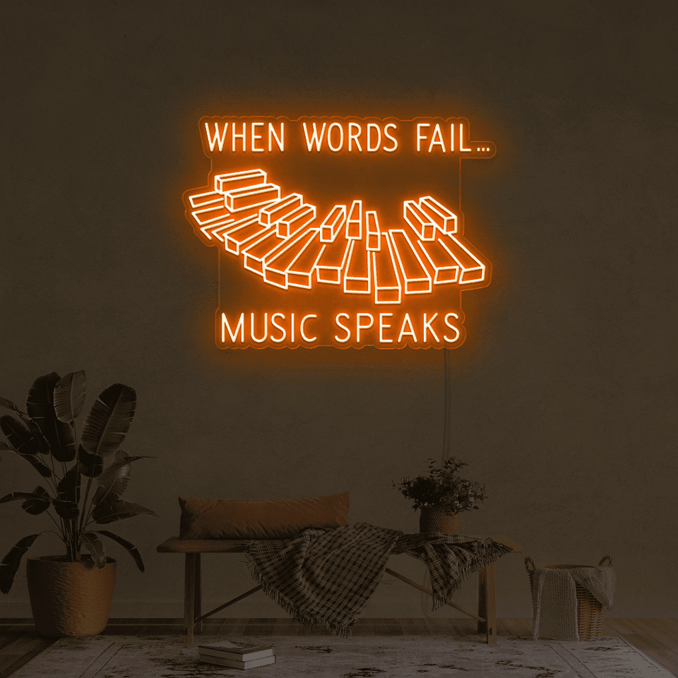 When words fail,music speaks in orange color LED neon sign designed by neonmarvels.com