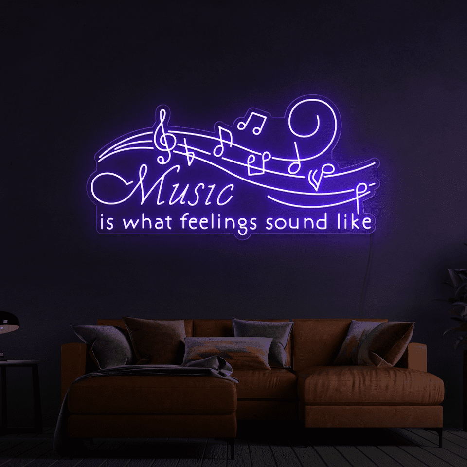 Music is what feelings sound like LED neon sign in purple color by Neon Marvels