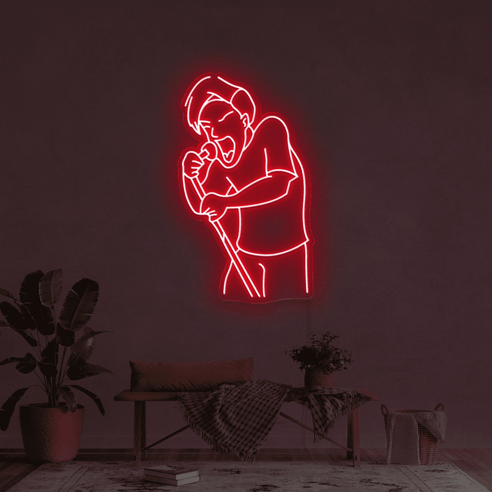 A singer as an LED neon sign in red color designed by Neon Marvels