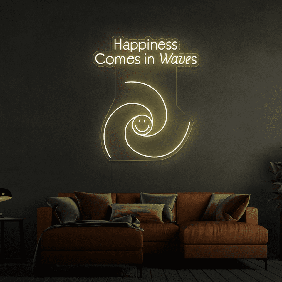 HAPPINESS COMES IN WAVES GOLDEN YELLOW COLOR LED NEON SIGN