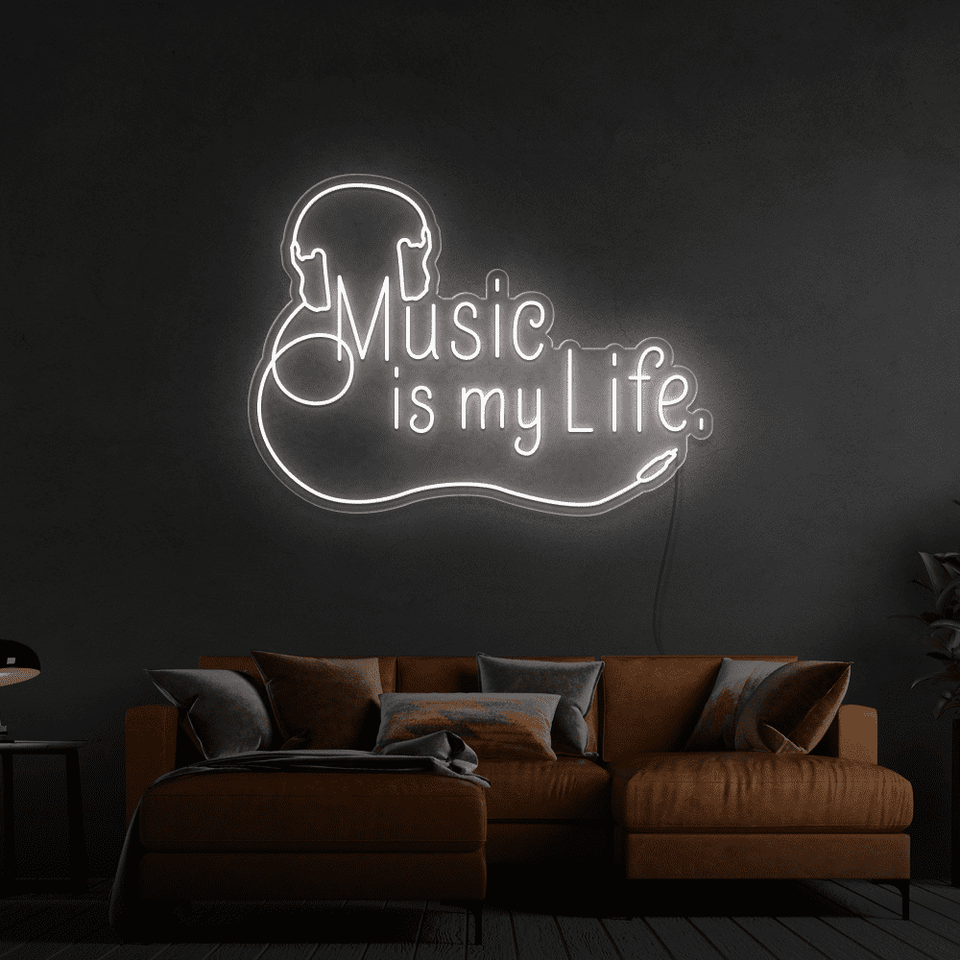 Music is my life white color LED neon sign made by Neon Marvels