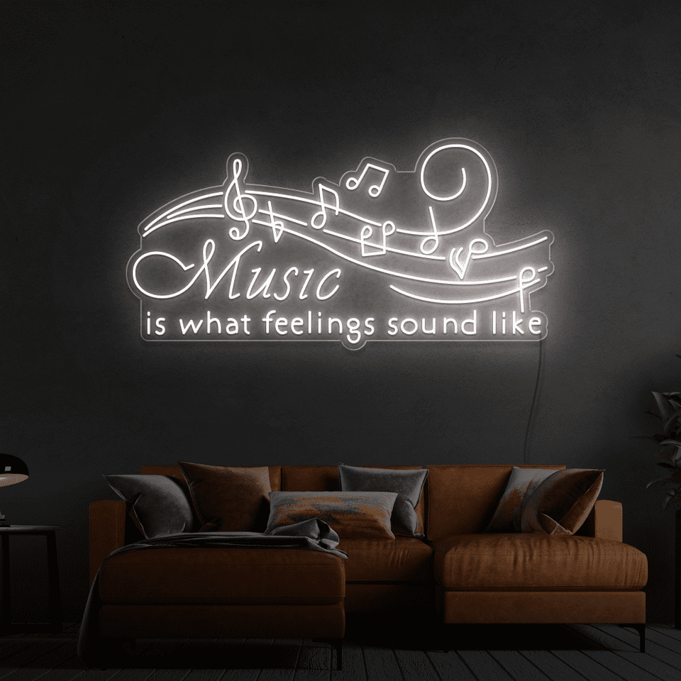 Music is what feelings sound like LED neon sign in white color by Neon Marvels