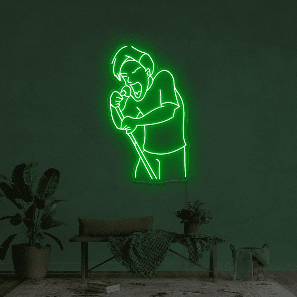 A singer as an LED neon sign in deep green color designed by Neon Marvels