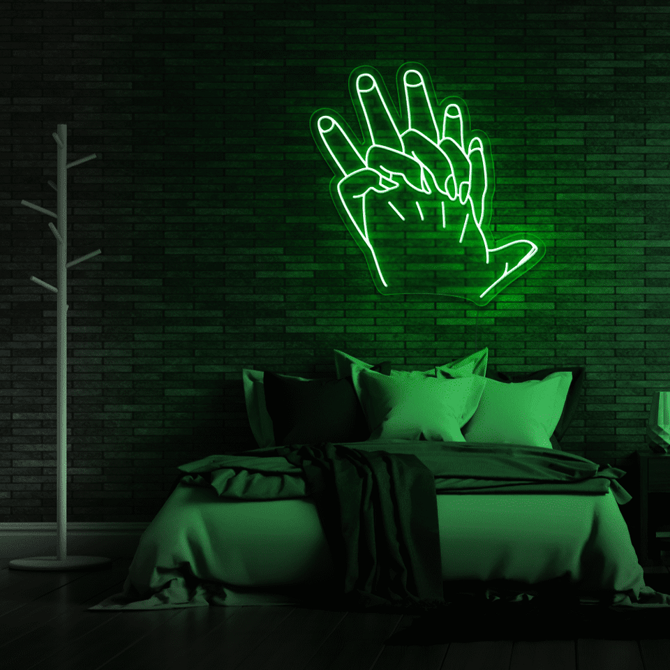 Holding Hands LED neon sign in deep green color by Neon Marvels