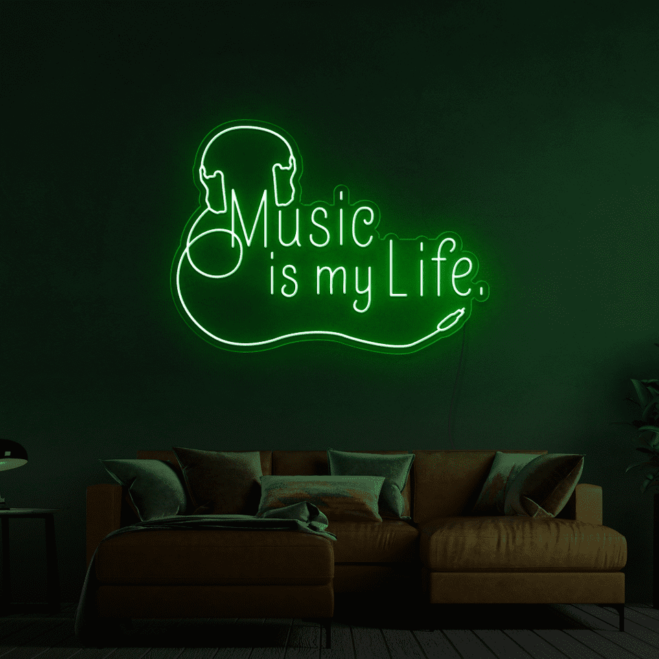 Music is my life deep green color LED neon sign made by Neon Marvels