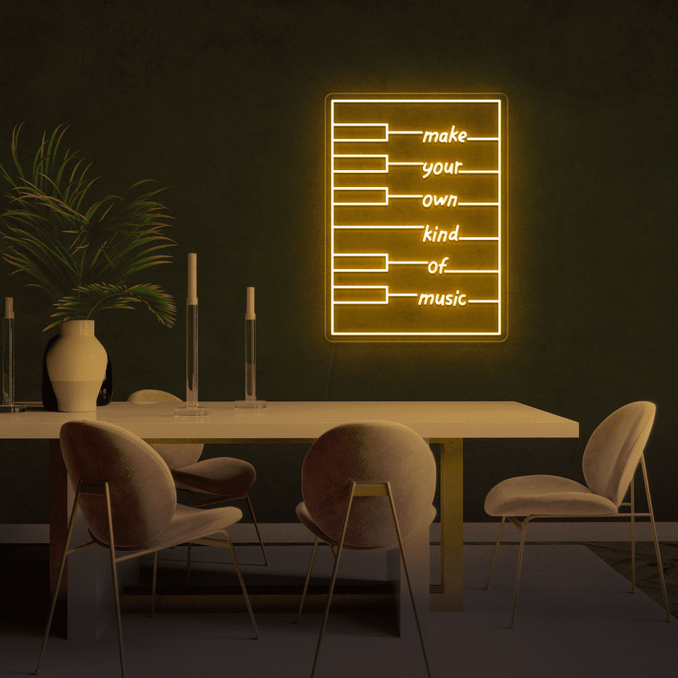 Make your own kind of music LED neon sign in golden yellow color designed by neon marvels