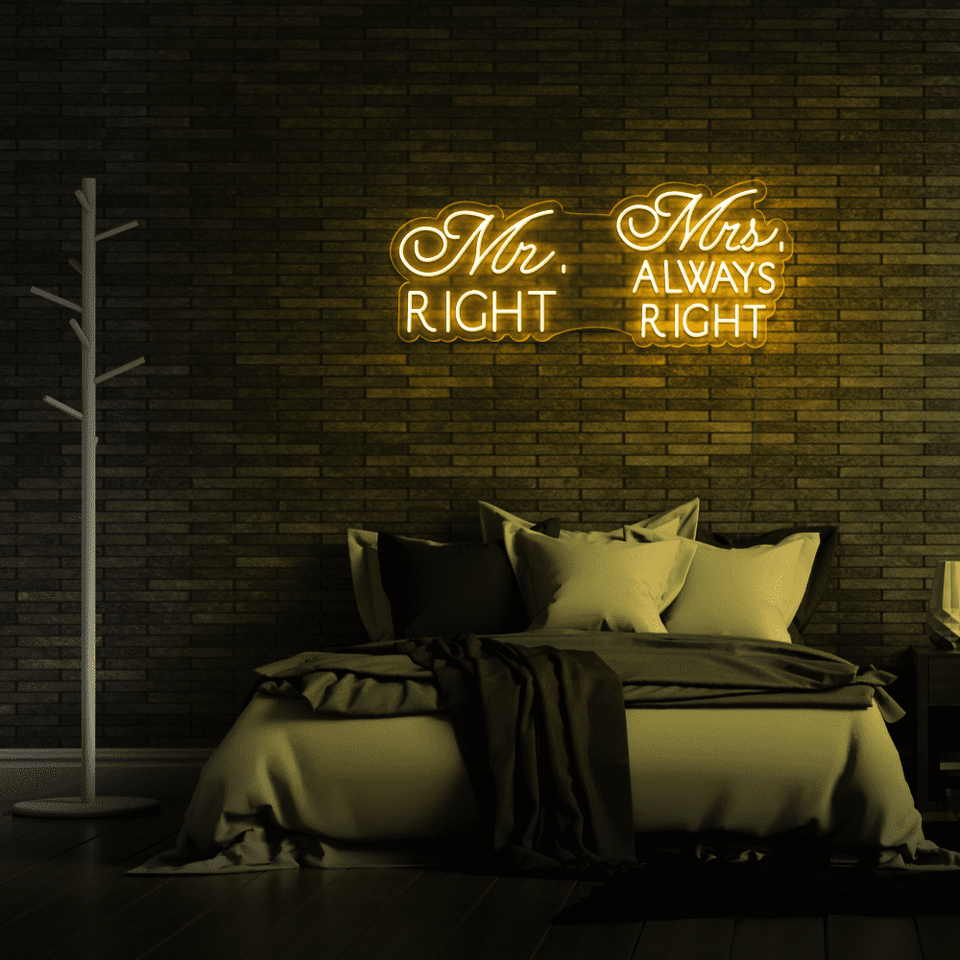 Mr. Right and Mrs. Always Right golden yellow color LED Neon Sign - From Neonmarvels.com