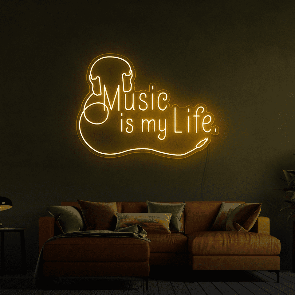Music is my life golden yellow color LED neon sign made by Neon Marvels