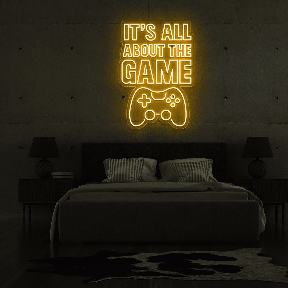 It's all about the game LED signage in golden yellow color designed by Neonmarvels.com
