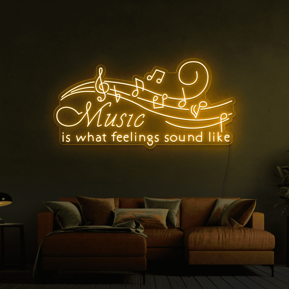 Music is what feelings sound like LED neon sign in golden yellow color by Neon Marvels