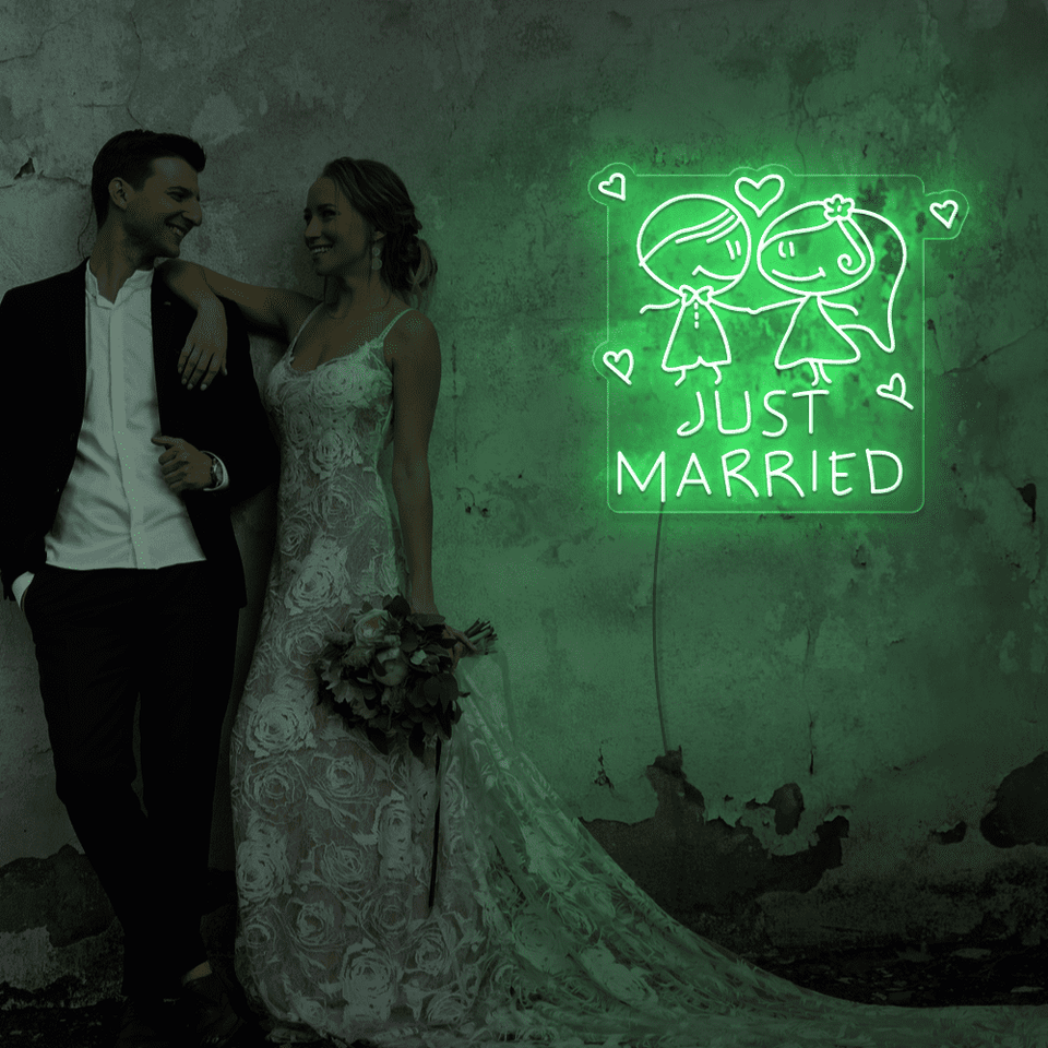 Just Married LED neon sign in green color designed by Neonmarvels