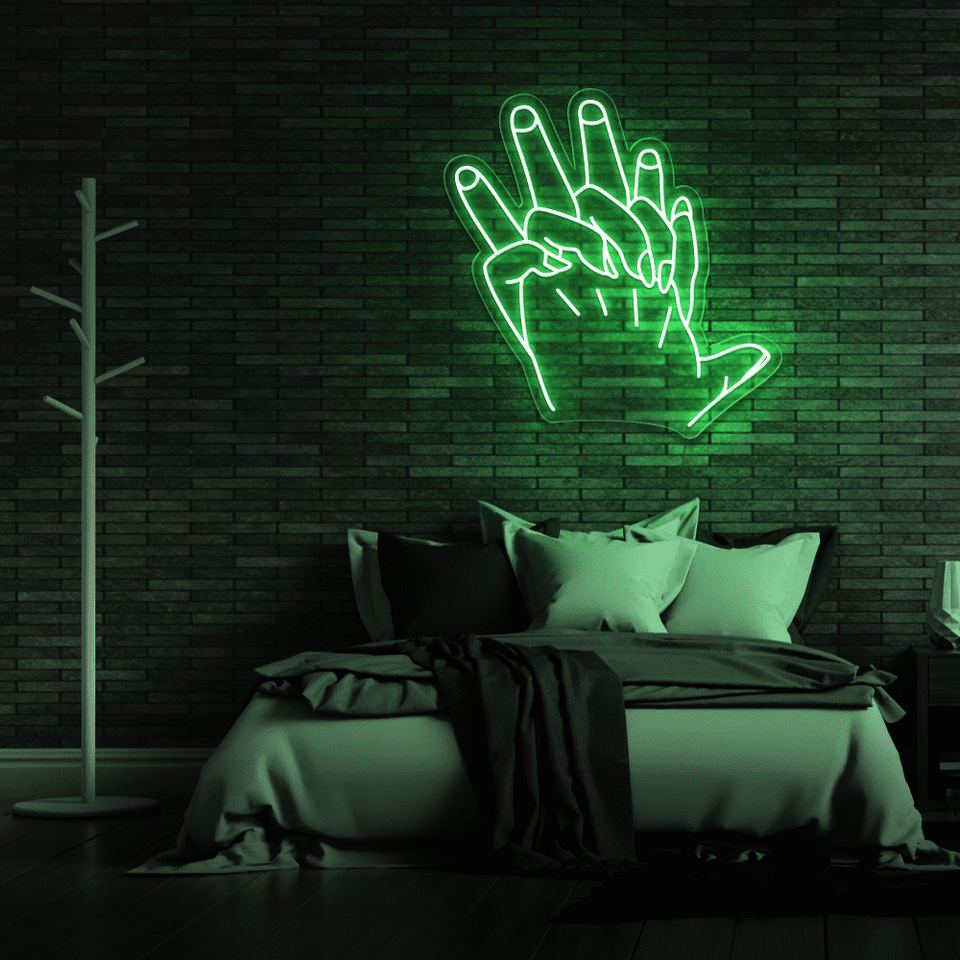 Holding Hands LED neon sign in green color by Neon Marvels