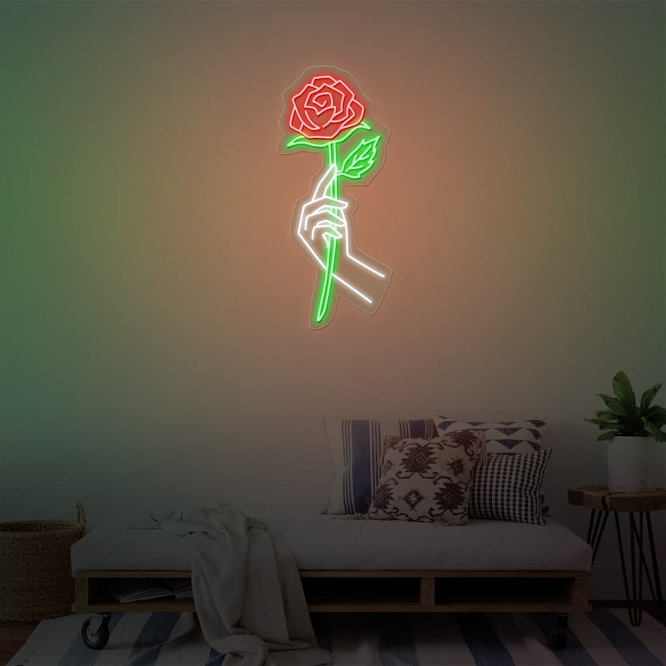 HAND HOLDING ROSE NEON SIGN