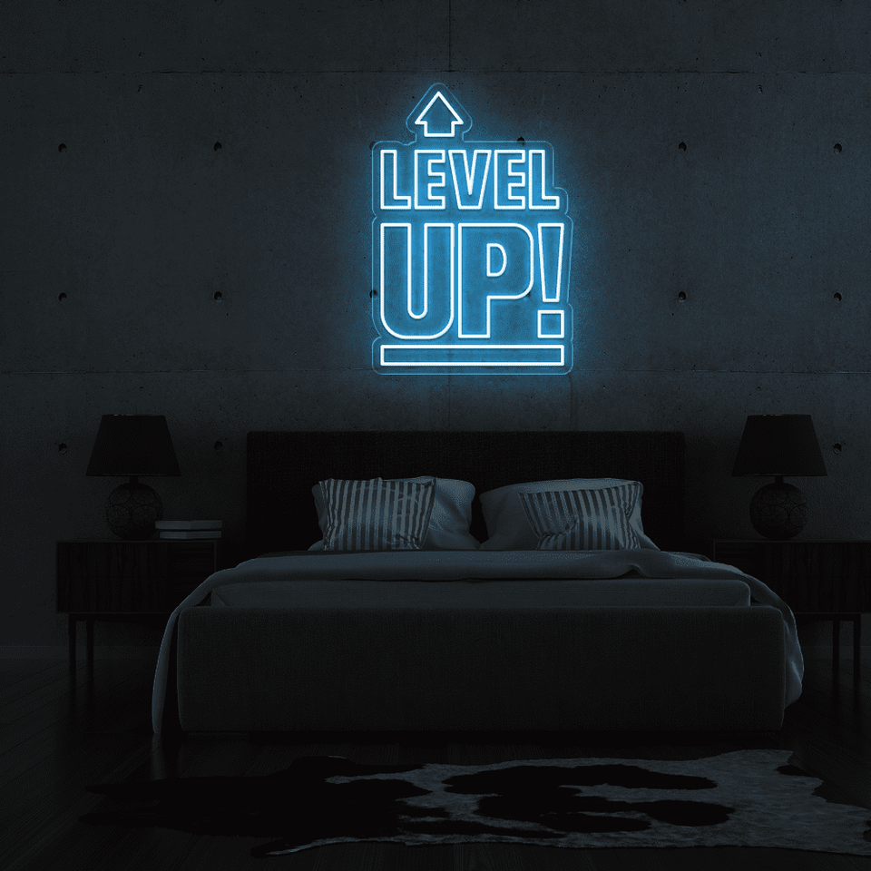LEVEL UP ice blue color LED Neon sign designed by Neon Marvels