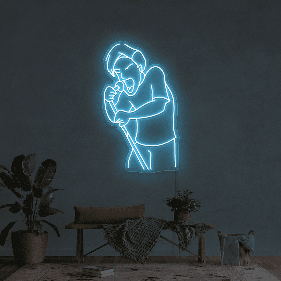 A singer as an LED neon sign in ice blue color designed by Neon Marvels
