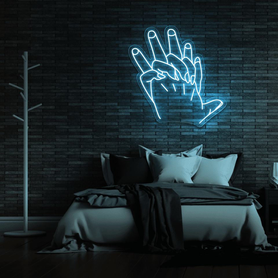Holding Hands LED neon sign in ice blue color by Neon Marvels