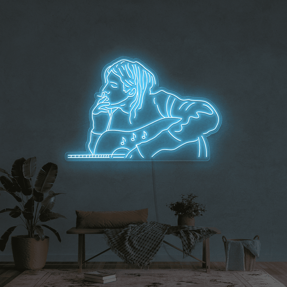 Guitar Player LED Neon Sign in Ice Blue Color - made by neonmarvels.com