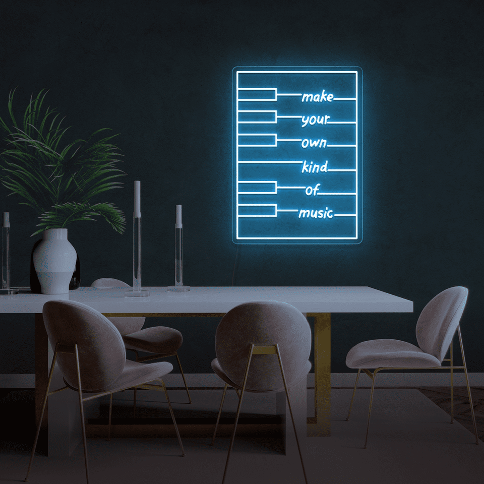 Make your own kind of music LED neon sign in ice blue color designed by neon marvels