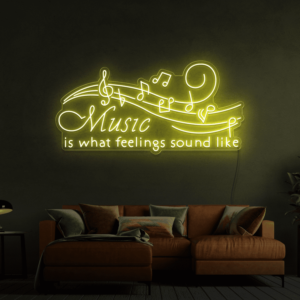 Music is what feelings sound like LED neon sign in lemon yellow color by Neon Marvels