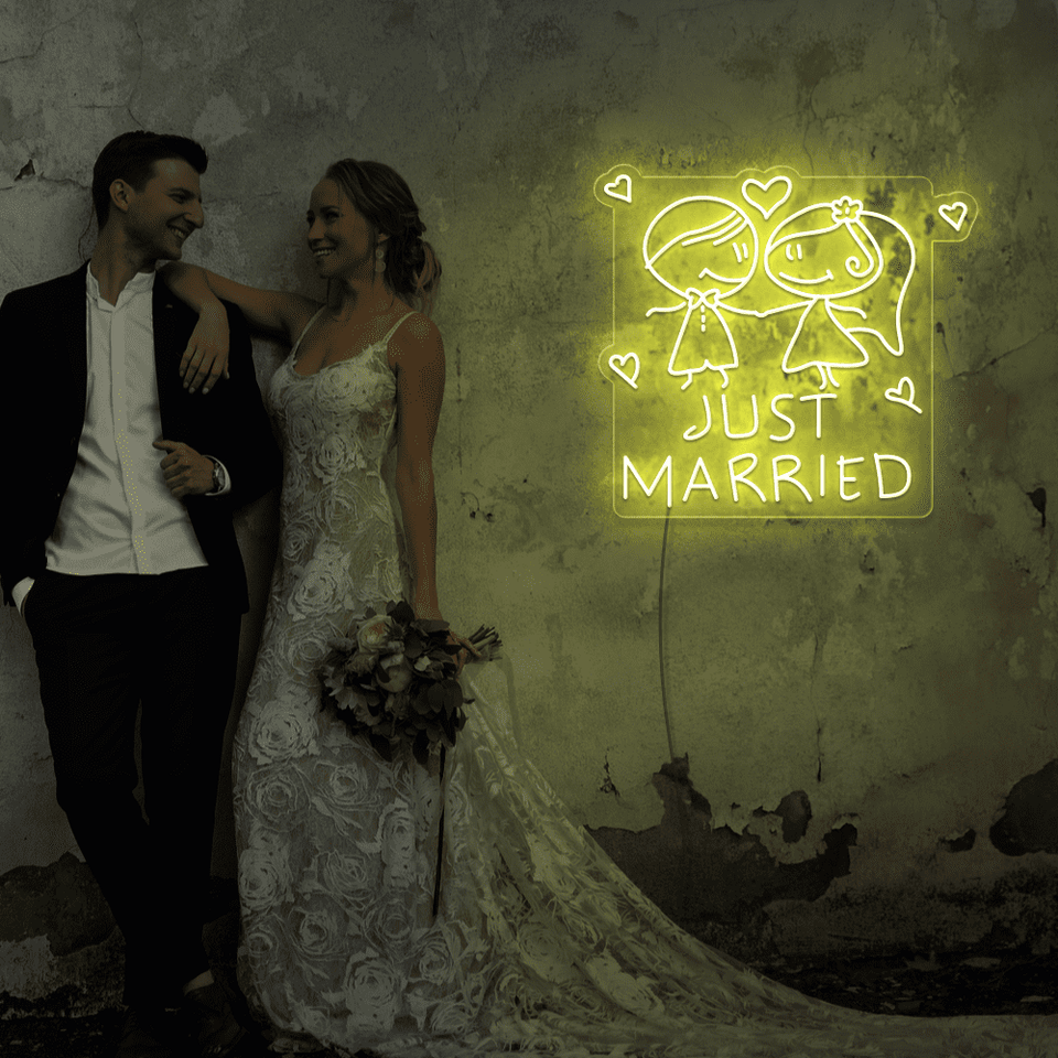 Just Married LED neon sign in lemon yellow color designed by Neonmarvels