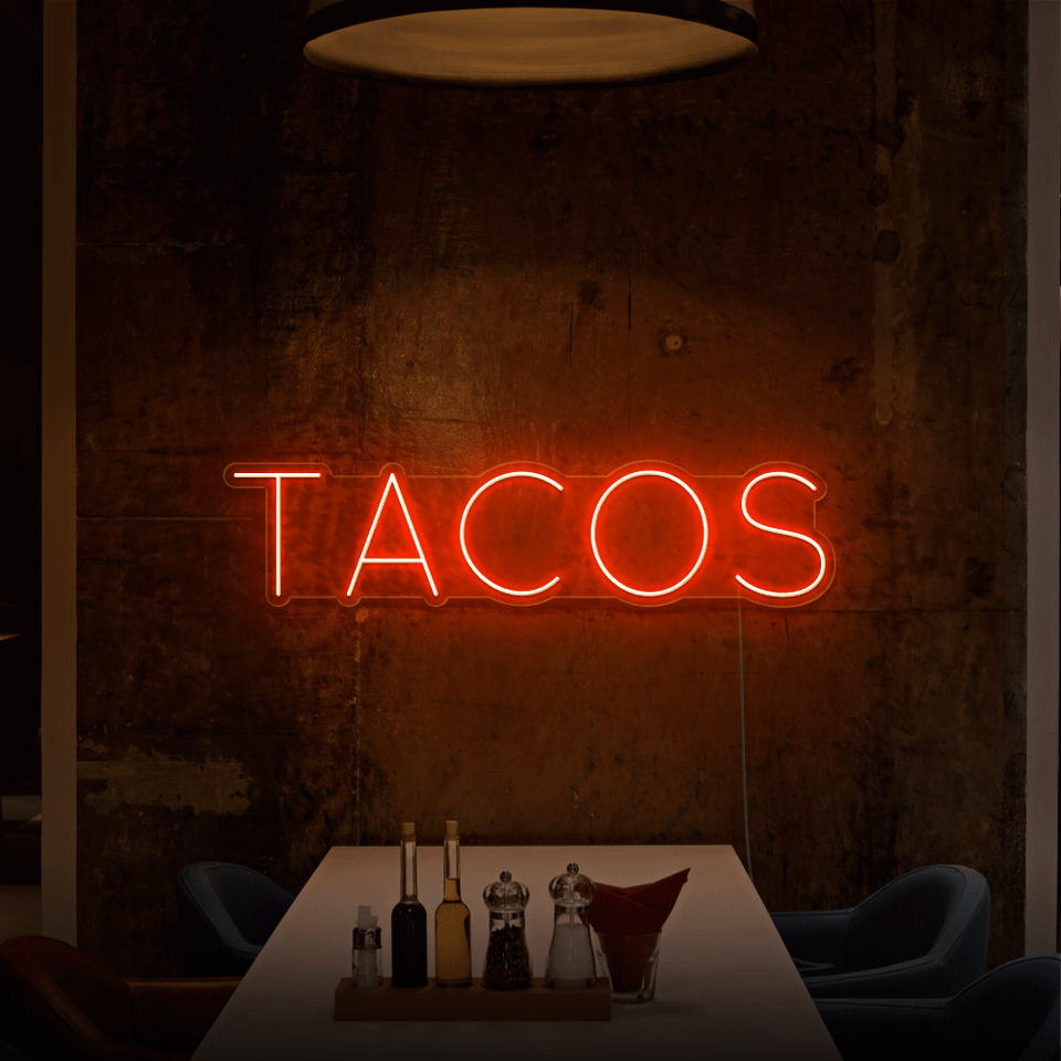 TACOS LED NEON SIGN IN ORANGE COLOR BY NEON MARVELS