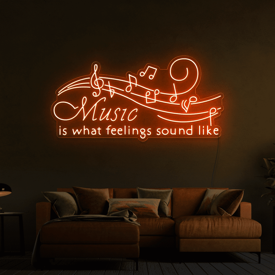 Music is what feelings sound like LED neon sign in orange color by Neon Marvels