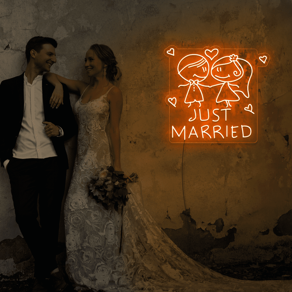Just Married LED neon sign in orange color designed by Neonmarvels