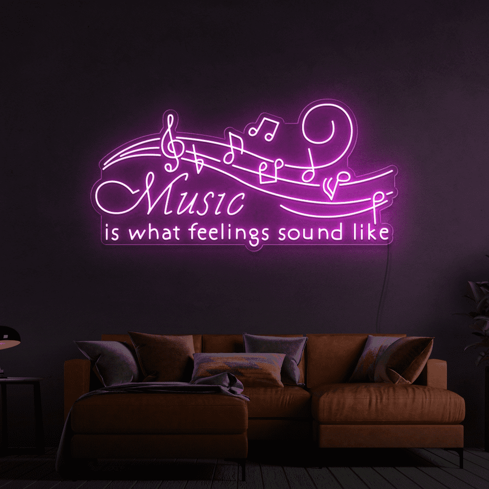 Music is what feelings sound like LED neon sign in pink color by Neon Marvels