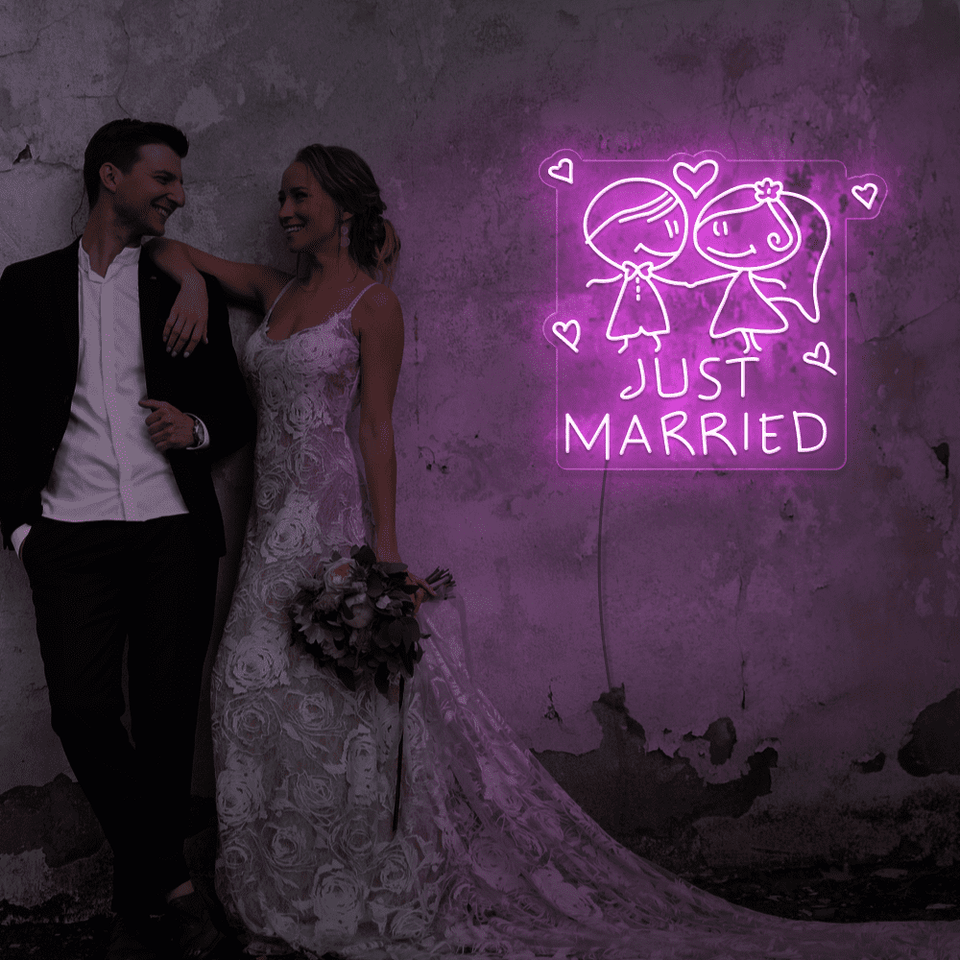 Just Married LED neon sign in pink color designed by Neonmarvels