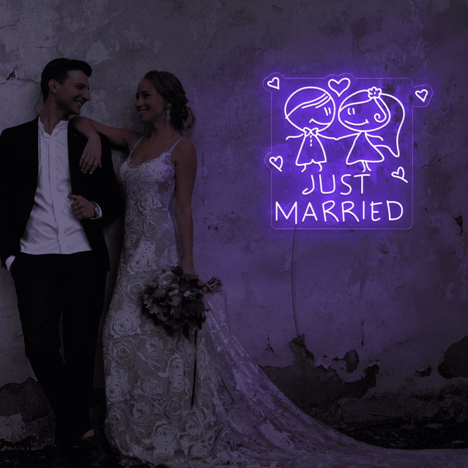 Just Married LED neon sign in purple color designed by Neonmarvels