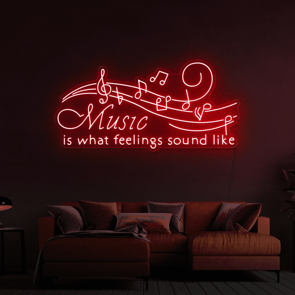 Music is what feelings sound like LED neon sign in red color by Neon Marvels