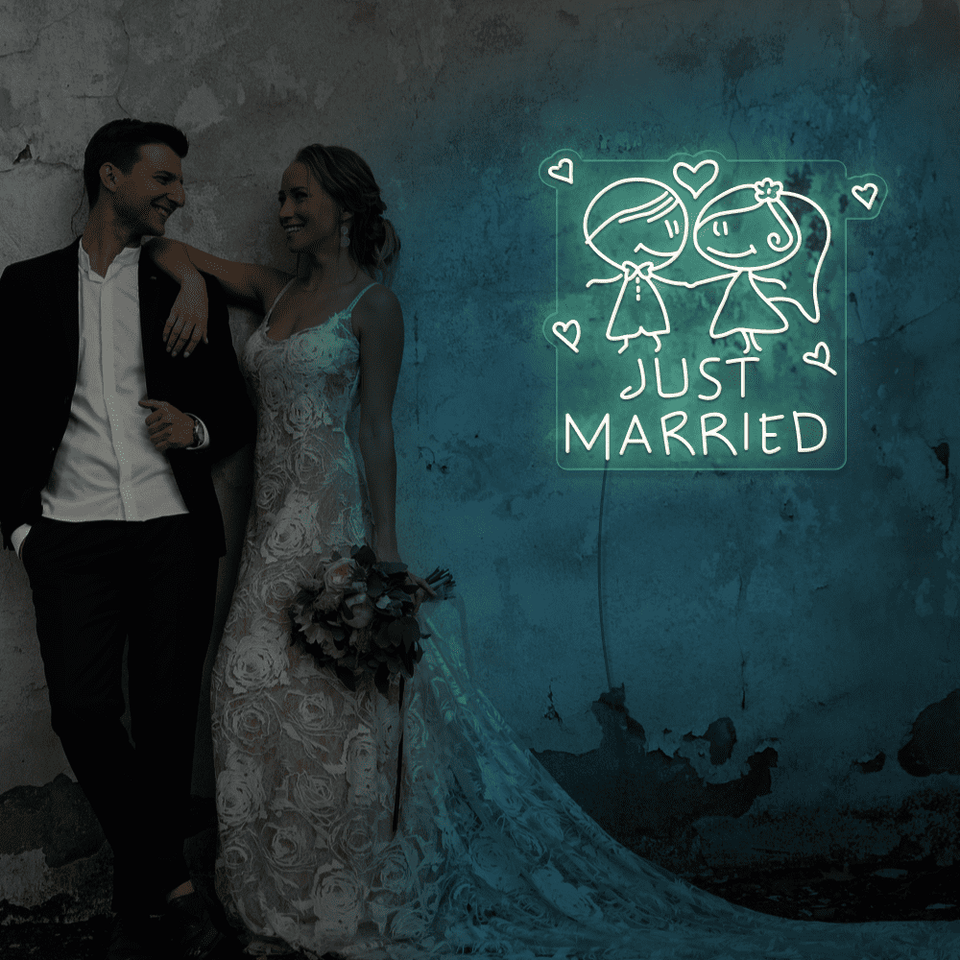 Just Married LED neon sign in warm white color designed by Neonmarvels