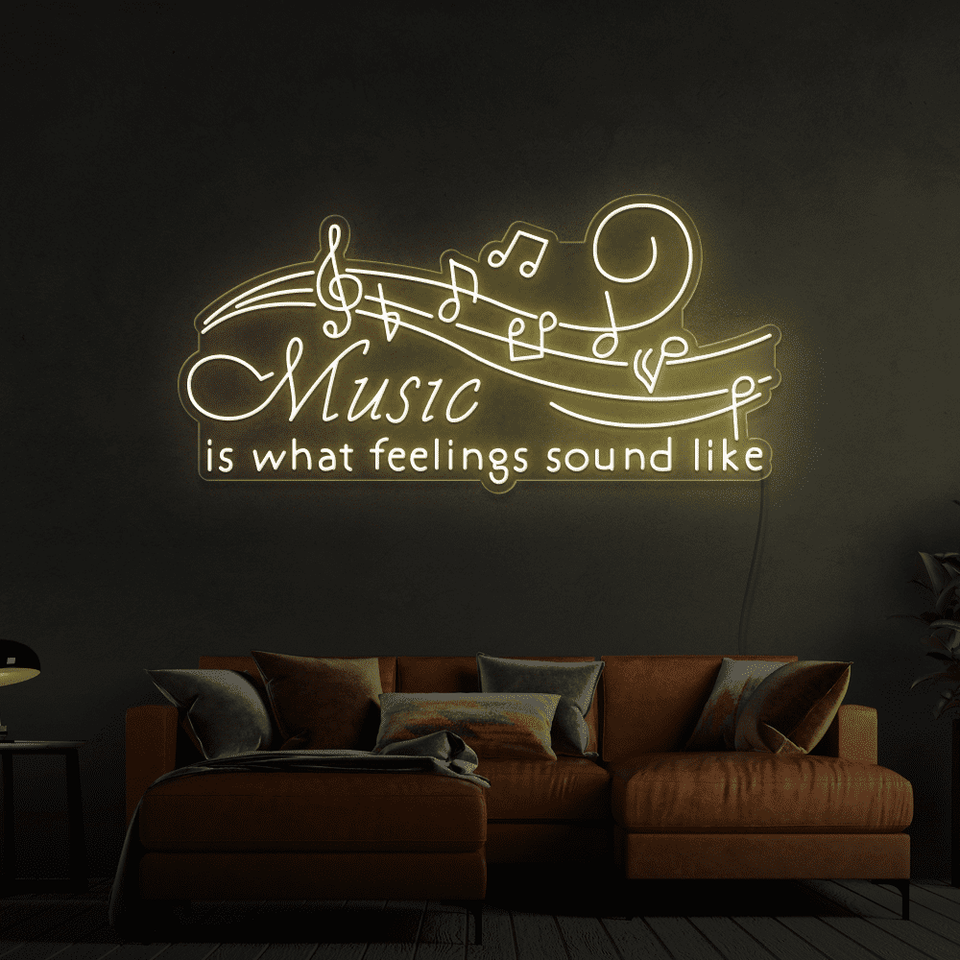 Music is what feelings sound like LED neon sign in warm white color by Neon Marvels